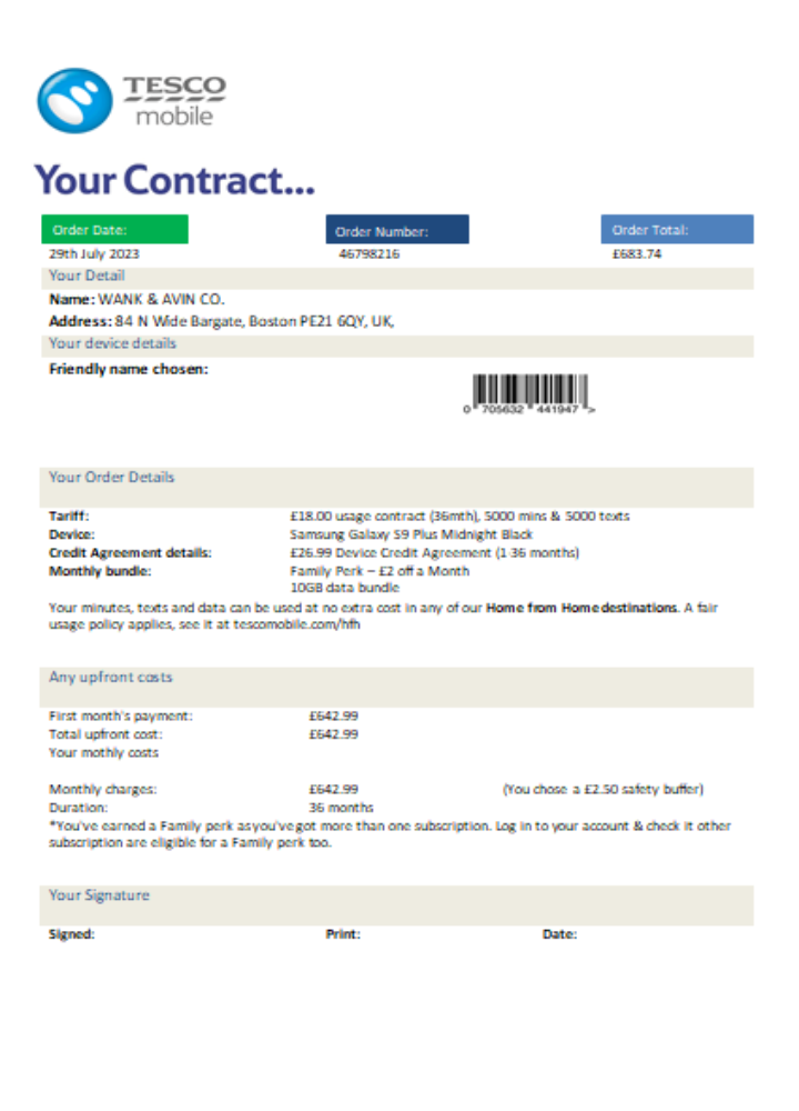 Tesco Mobile utility business bill, SCR PSD template